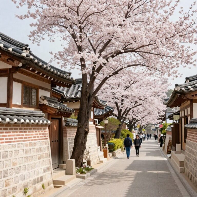 교토 산넨자카 골목길에 핀 벚꽃과 전통 가옥 풍경