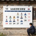 노동절 법정 공휴일 지정을 상징하는 달력과 다양한 직업군의 아이콘