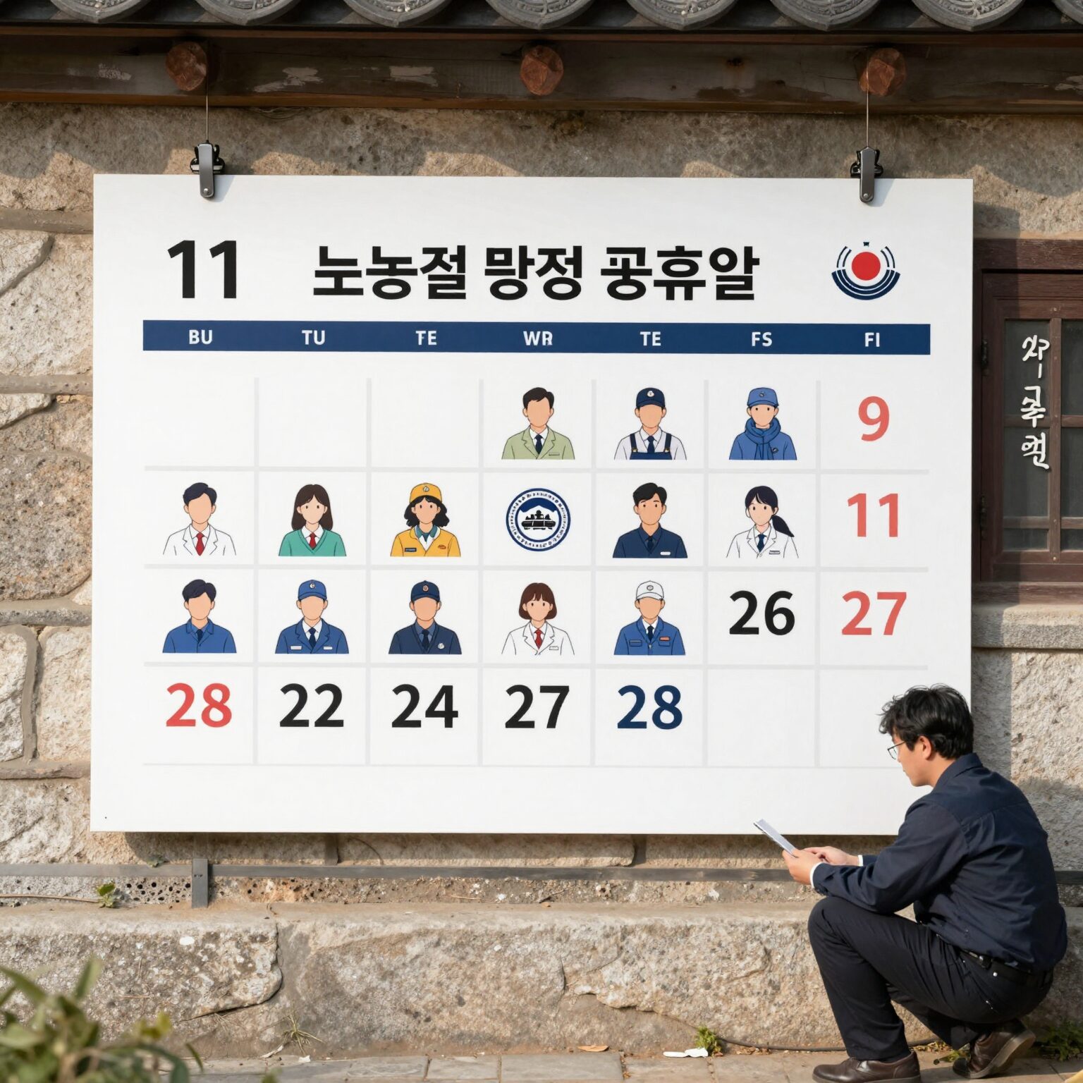 노동절 법정 공휴일 지정을 상징하는 달력과 다양한 직업군의 아이콘