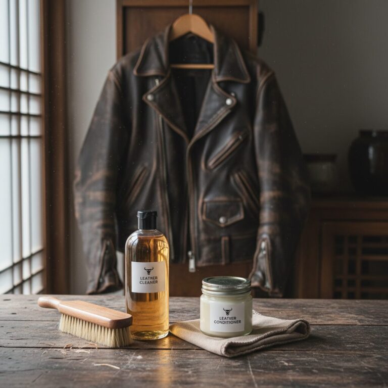 가죽 자켓 관리용 클리너와 브러시가 나란히 놓여있는 모습