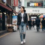 여자가죽자켓 코디 완벽하게 소화하는 법 검정색 가죽 자켓을 입은 여자가 데님 청바지와 흰색 티셔츠를 코디하고 스니커즈를 신은 캐주얼한 일상 스타일