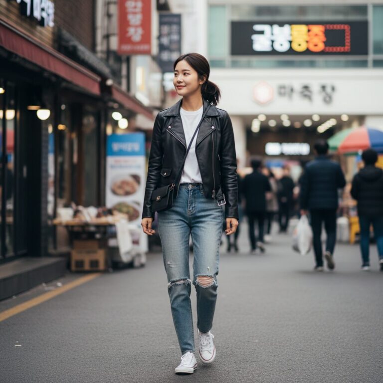 검정색 가죽 자켓을 입은 여자가 데님 청바지와 흰색 티셔츠를 코디하고 스니커즈를 신은 캐주얼한 일상 스타일