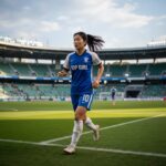 탑걸 유니폼을 입고 축구장을 달리는 이유정 선수의 모습