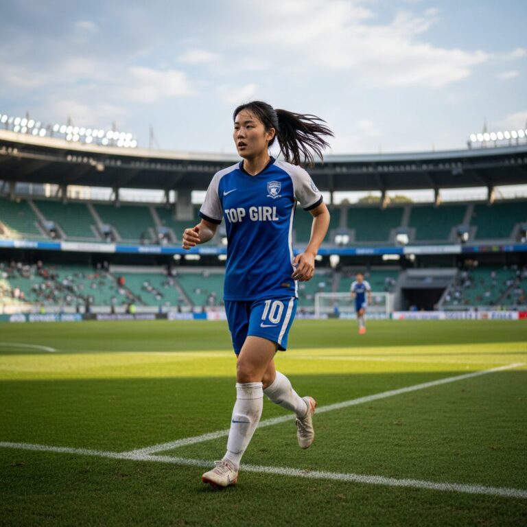 탑걸 유니폼을 입고 축구장을 달리는 이유정 선수의 모습