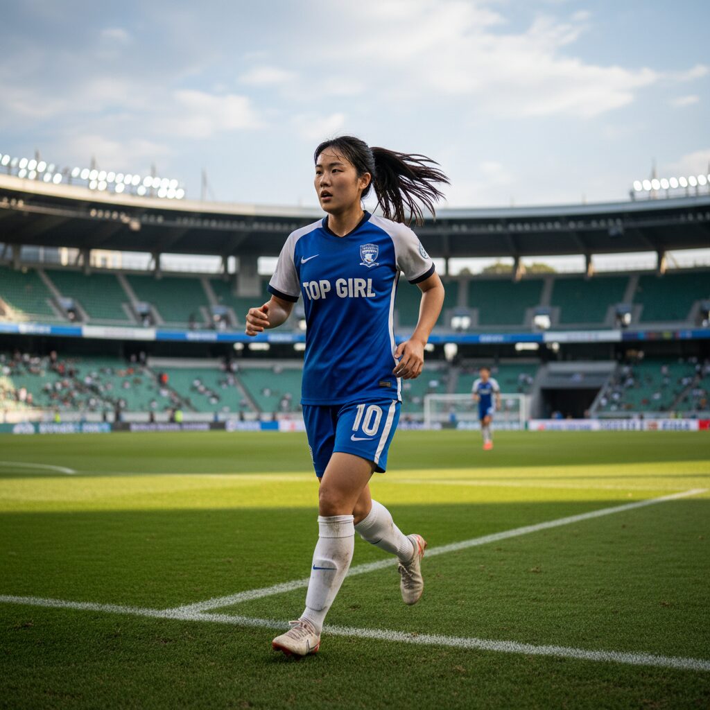 탑걸 유니폼을 입고 축구장을 달리는 이유정 선수의 모습