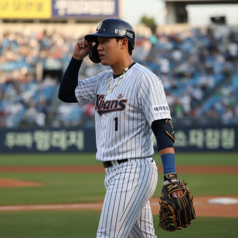 야구 경기 중 유니폼을 입고 반클리프 목걸이를 착용한 이정후의 모습