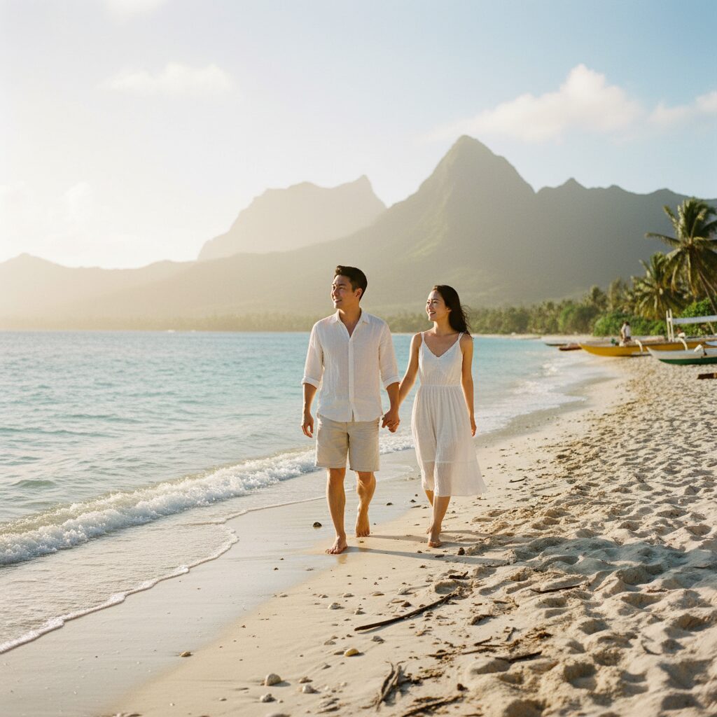 영화 러브 어페어에서 마이크와 테리가 타히티 해변에서 함께 걷는 장면