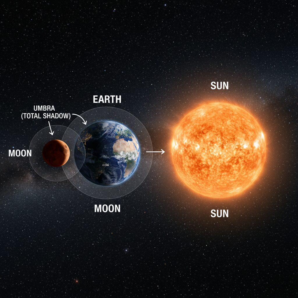 개기월식 원리 그림 지구 태양 달의 위치와 빛의 경로 설명