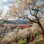 경남 3월 축제 봄꽃과 전통의 향연 양산 원동 매화축제에서 핀 하얀 매화꽃과 지나가는 빨간 기차 풍경