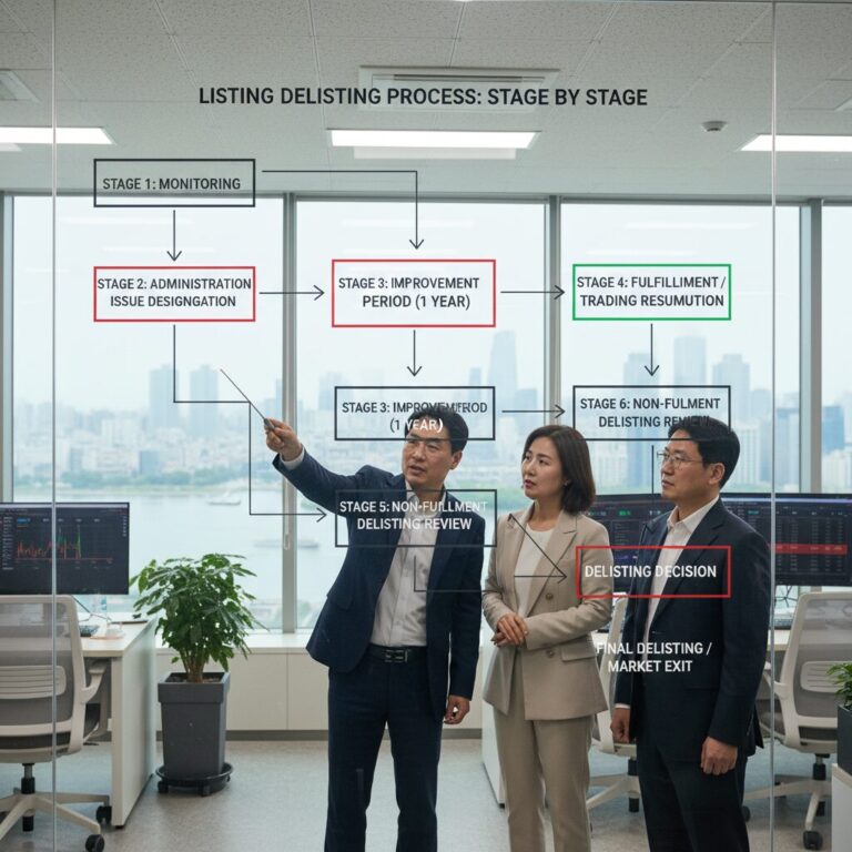 관리종목 지정부터 상장폐지 결정까지의 단계별 과정을 설명하는 플로우 차트