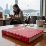 2026 미슐랭 서울 부산 가이드 발표 내용 빨간색 표지의 미슐랭 가이드 북이 테이블 위에 놓여 있는 모습