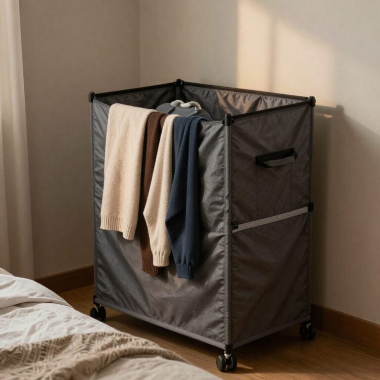 접이식 미니 의류관리기가 침실 구석에 세워져 있는 모습