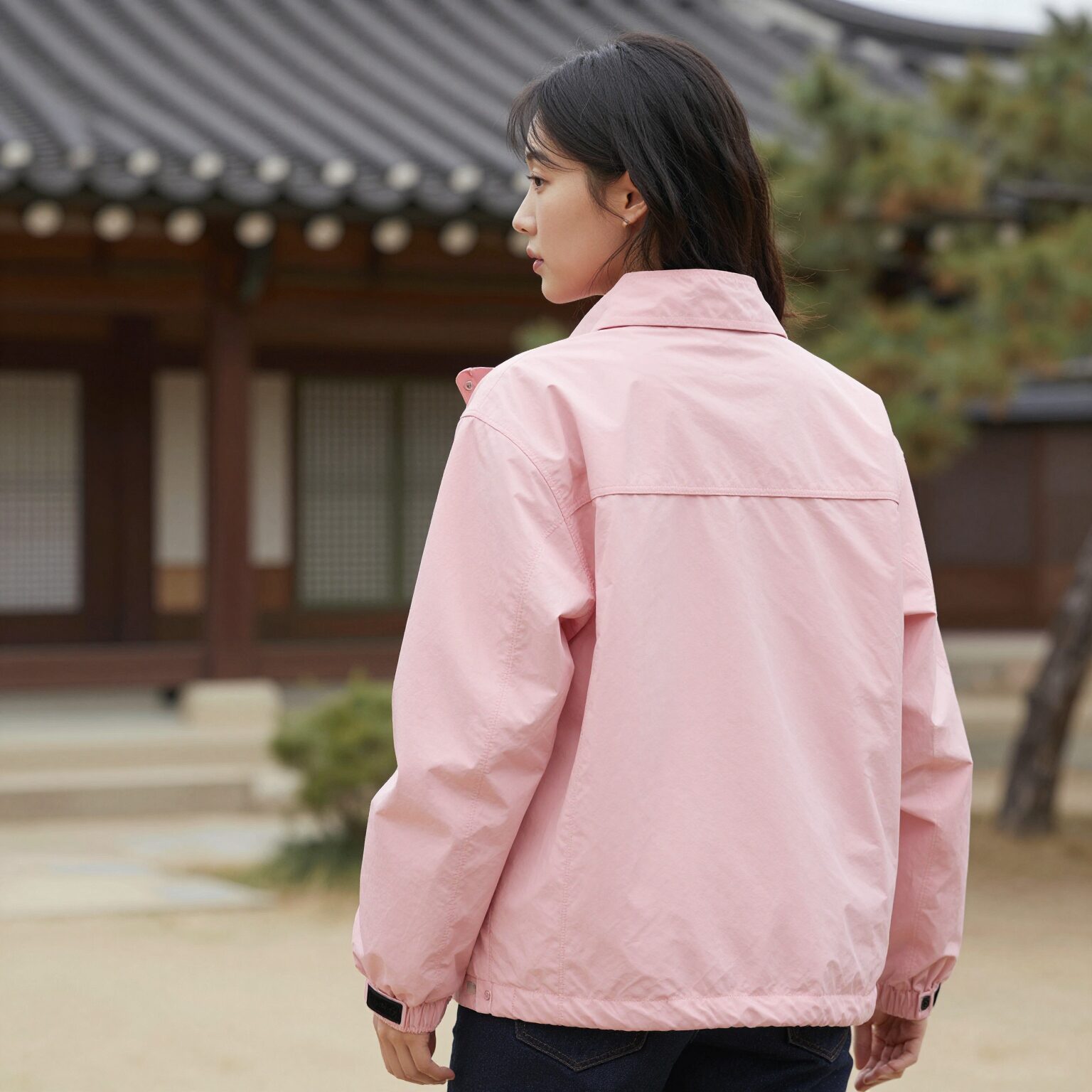 핑크 컬러 MLB 나일론 바시티 자켓을 입은 여성의 뒷모습 스타일링