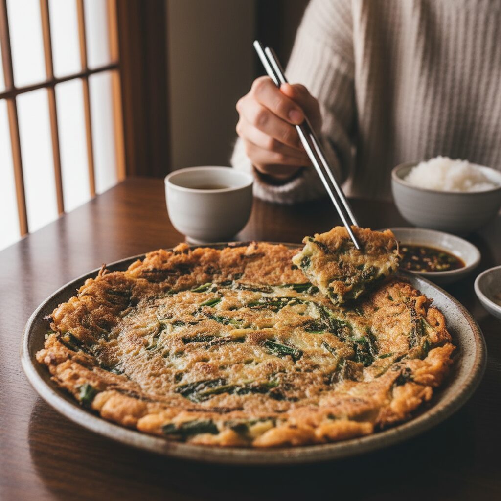 바삭하게 구워진 쑥부침개 접시에 담긴 모습