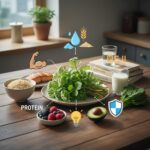 냉이의 효능과 섭취시 주의사항 냉이와 함께 놓인 다양한 영양소를 상징하는 아이콘들