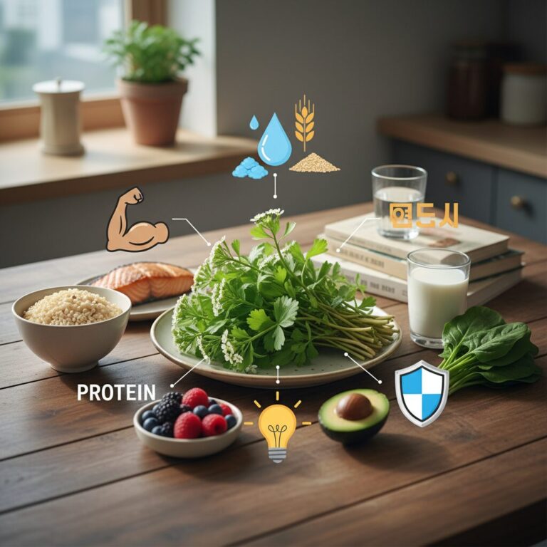 냉이와 함께 놓인 다양한 영양소를 상징하는 아이콘들