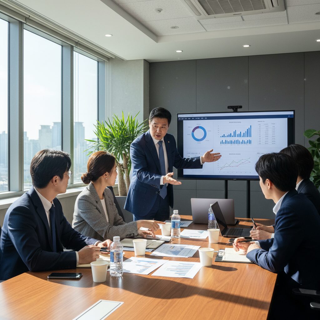 사무실에서 직원들과 급여 인상 및 세액 공제에 대해 회의하는 모습