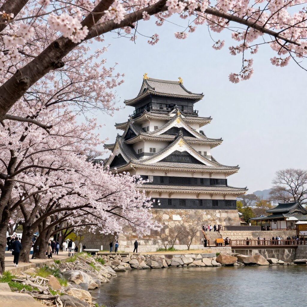 봄날 오사카성 해자와 분홍색 벚꽃 나무 풍경