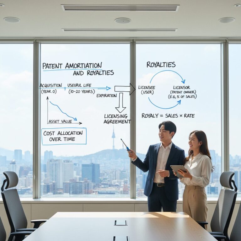 특허권 감가상각과 로열티 개념을 설명하는 다이어그램