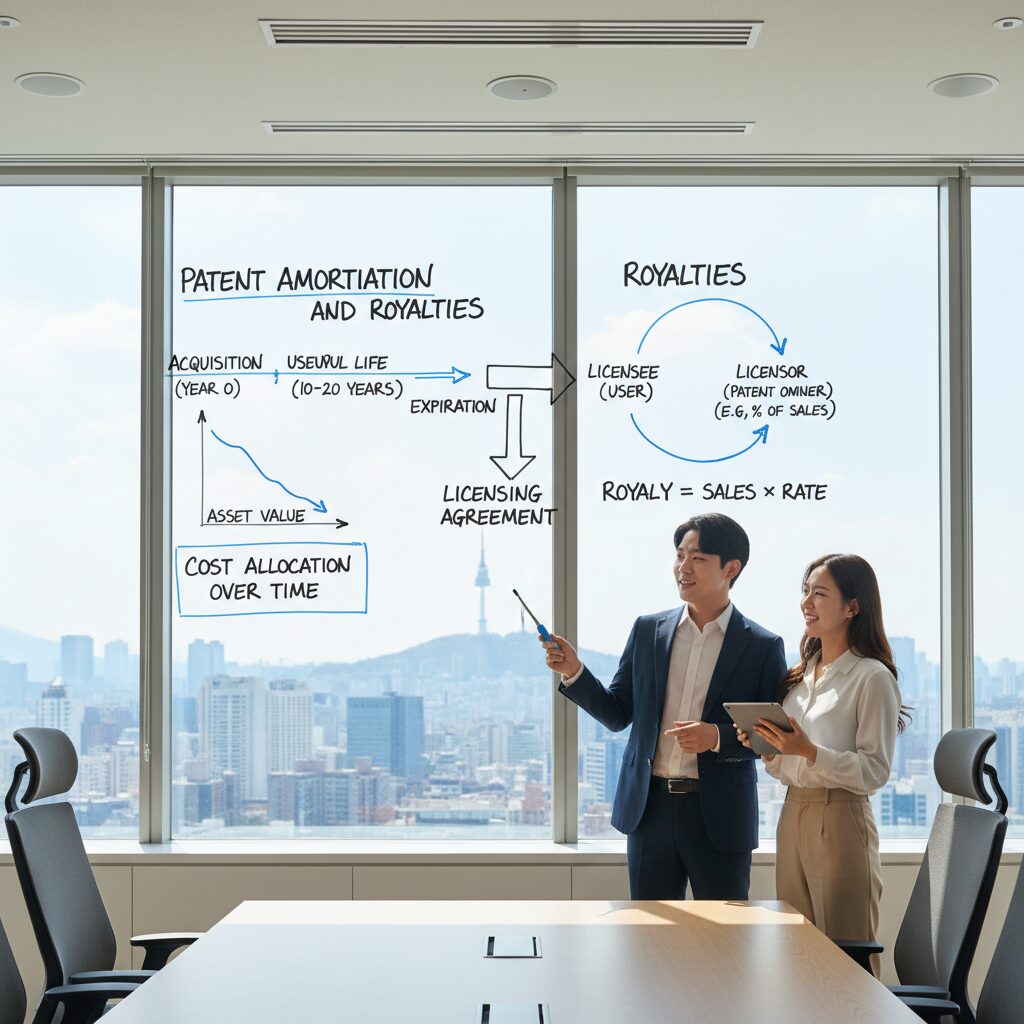 특허권 감가상각과 로열티 개념을 설명하는 다이어그램