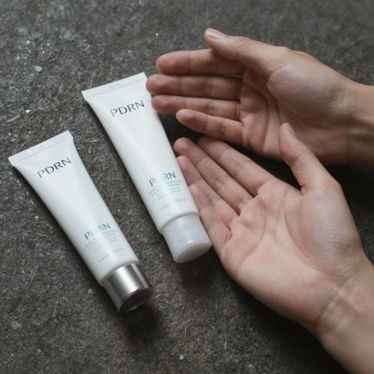여러 종류의 PDRN 크림을 손등에 올려놓고 비교하는 사진