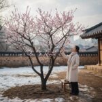 매화나무의 향기로운 이야기와 함께하는 봄 눈 녹은 땅 위에 연분홍 매화꽃이 핀 나무의 아름다운 모습