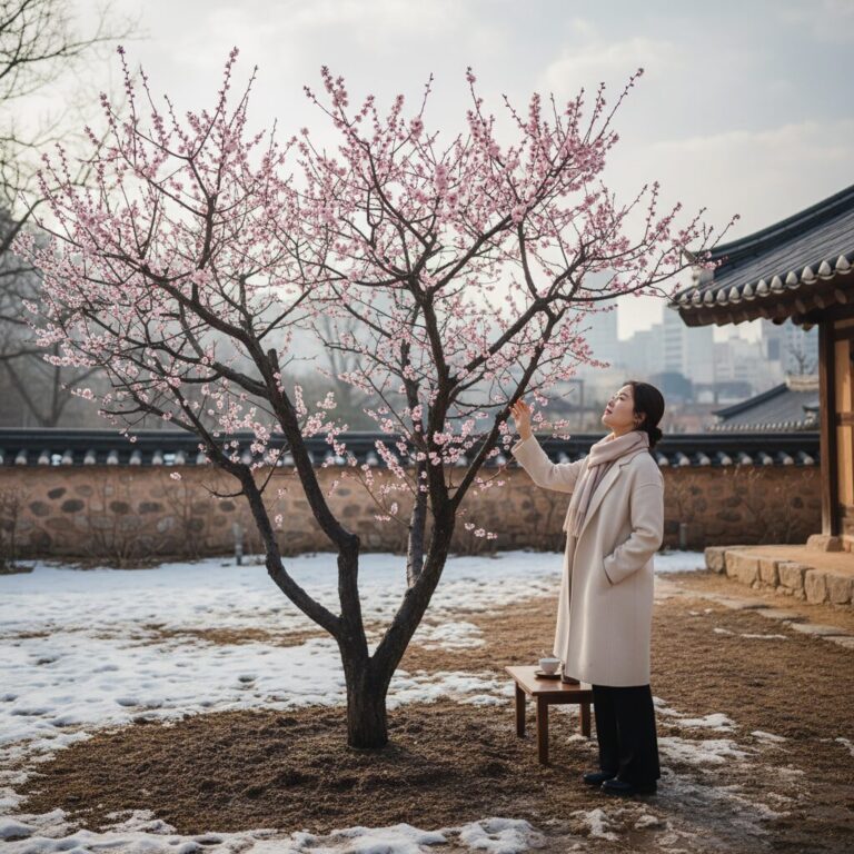 눈 녹은 땅 위에 연분홍 매화꽃이 핀 나무의 아름다운 모습
