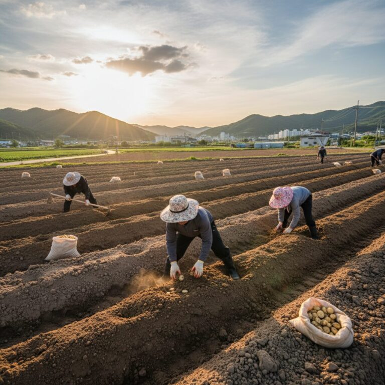 두둑을 만들어 감자 씨감자를 심는 모습
