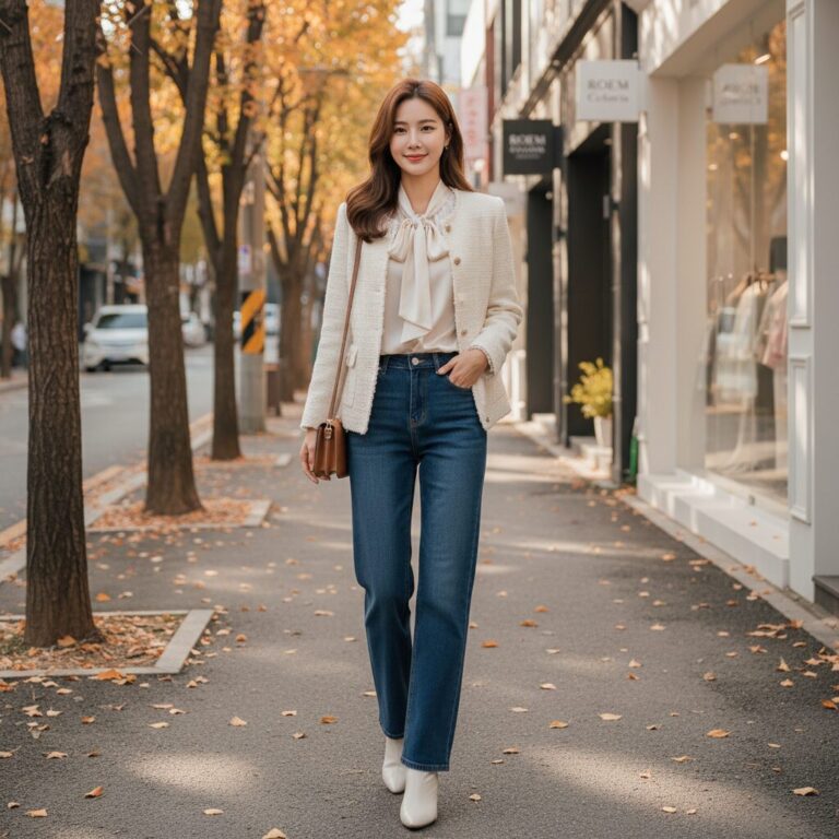 로엠 칼라리스 트위드 자켓 아이보리 색상으로 블라우스와 함께 코디