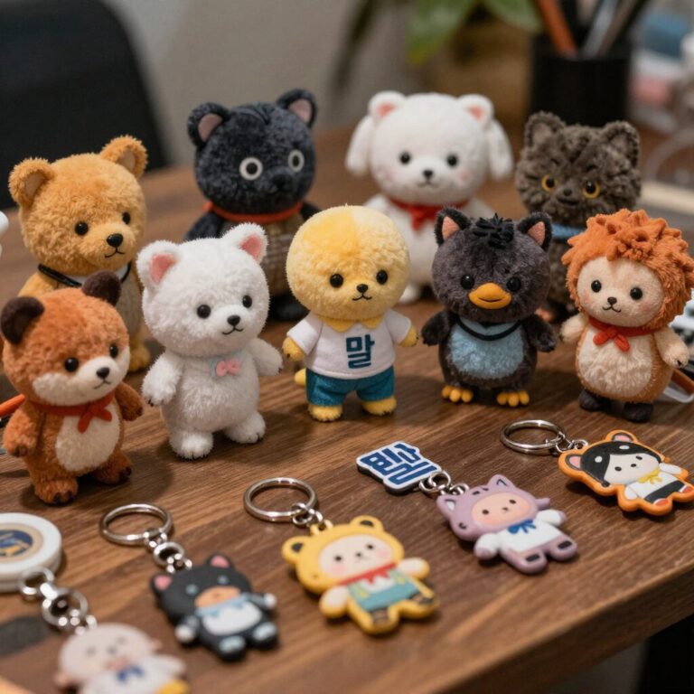 랄랄 캐릭터 인형과 키링 등 다양한 굿즈들이 테이블 위에 놓여 있는 사진