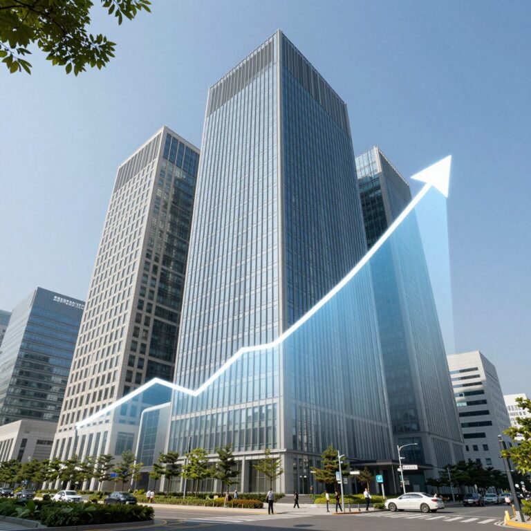 삼성물산 본사 건물과 주가 상승 그래프가 함께 표현된 개념 이미지