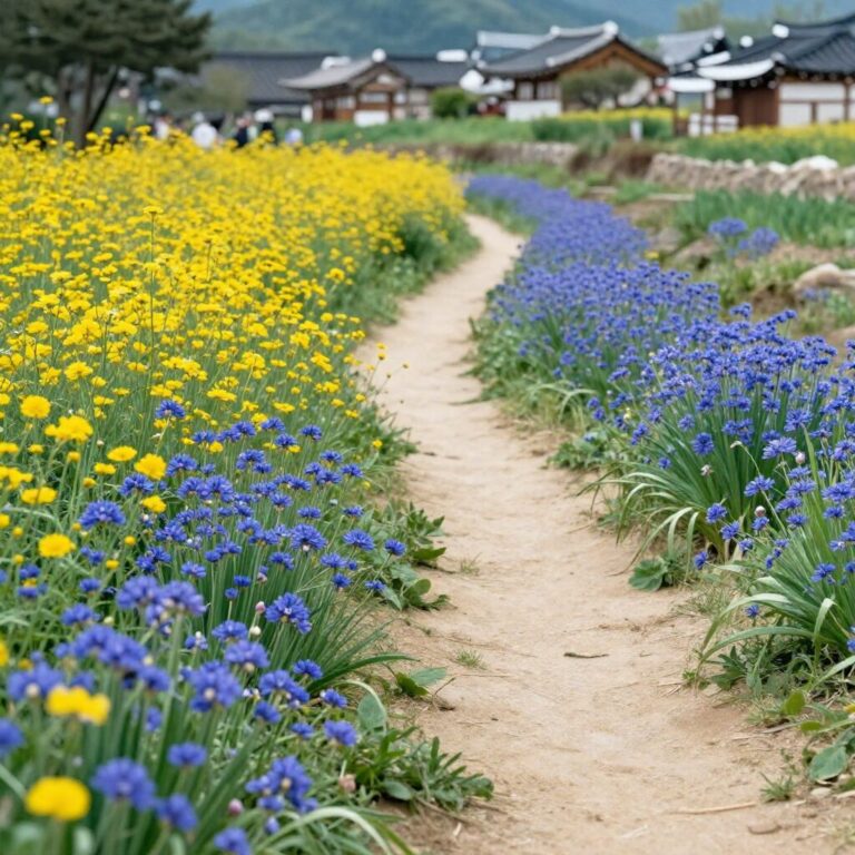 의성 산수유마을 실개천 따라 이어지는 노란 꽃길과 푸른 마늘밭 풍경