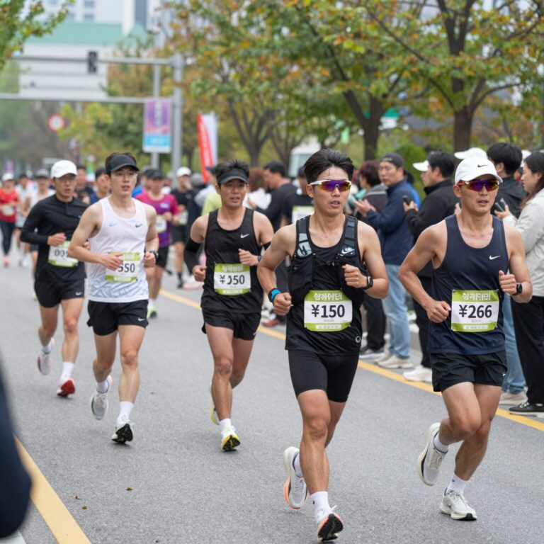 성주참외마라톤 코스에서 달리는 러너들과 응원하는 관중들