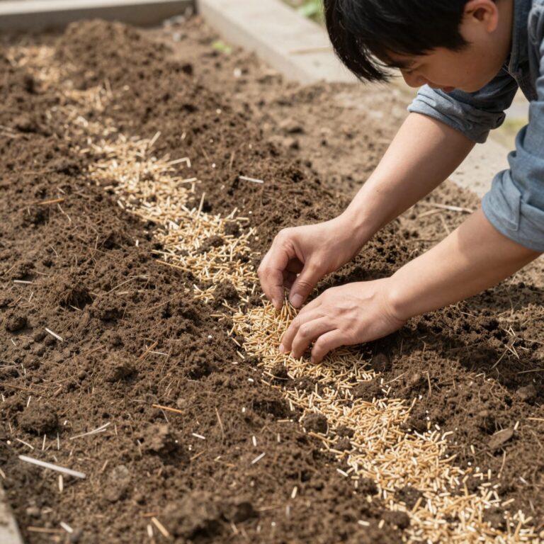 참깨 씨앗을 얕은 흙 위에 뿌리고 간격을 재는 모습