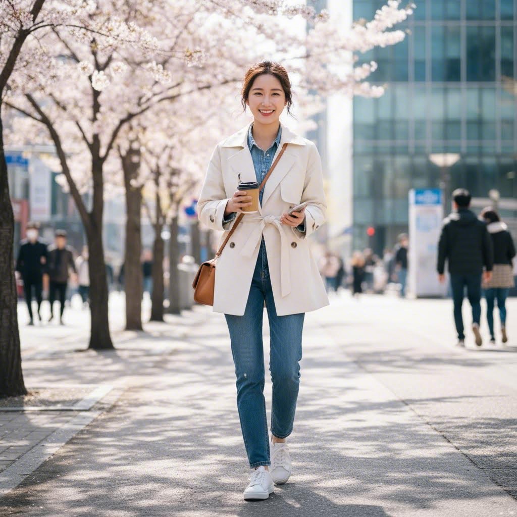 아이보리 숏 트렌치코트와 데님 청바지를 매치한 캐주얼한 봄 스타일링