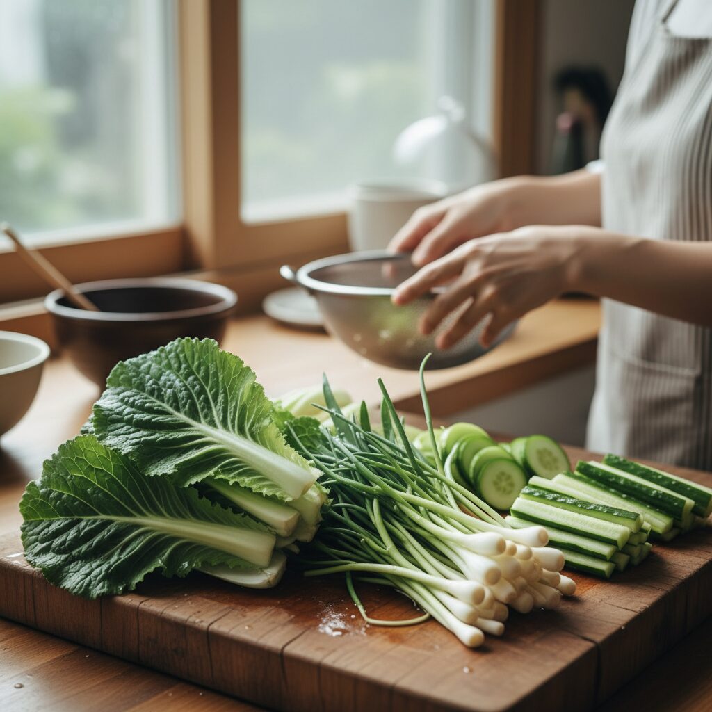 봄동 달래 오이 손질 완료된 재료 사진