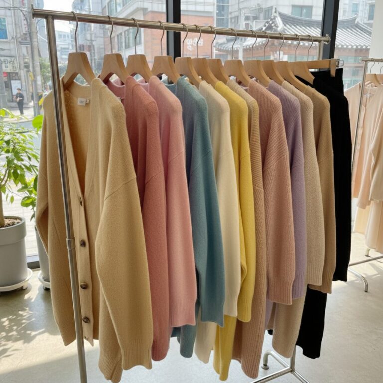 여러 가지 핏과 컬러의 봄 가디건이 걸려 있는 옷걸이