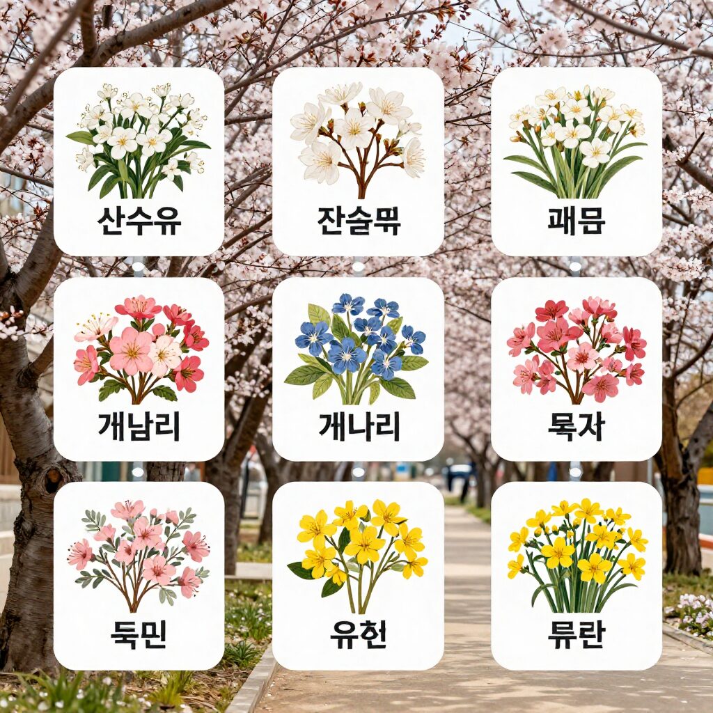 봄꽃 개화 순서를 나타내는 인포그래픽, 매화 산수유 진달래 개나리 목련 벚꽃 유채꽃이 순서대로 연결되어 있음