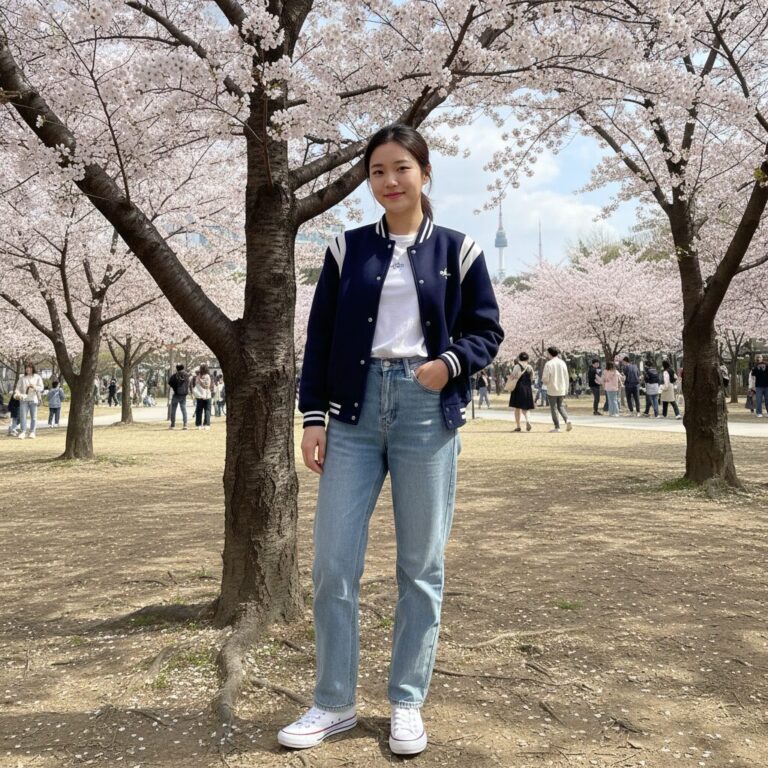 여자가 네이비색 야구점퍼와 청바지를 입고 봄 공원에서 포즈를 취하고 있는 모습