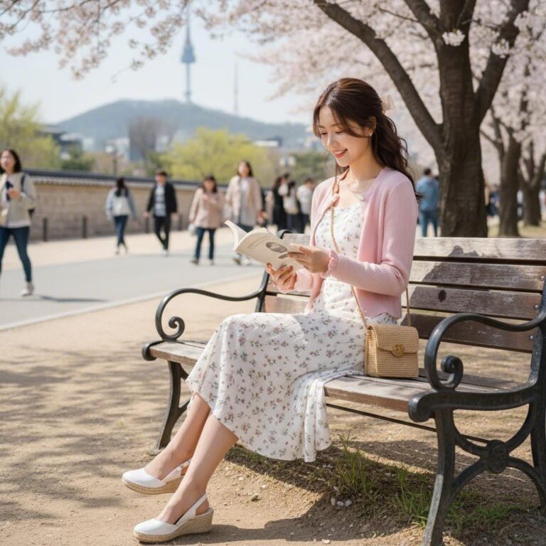 핑크색 여성스러운 봄 가디건을 입고 벤치에 앉아있는 여성의 패션 스타일