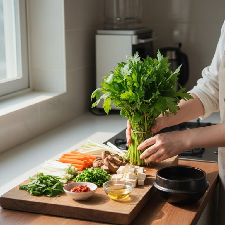 손질된 쑥과 채소 재료가 나란히 준비된 사진