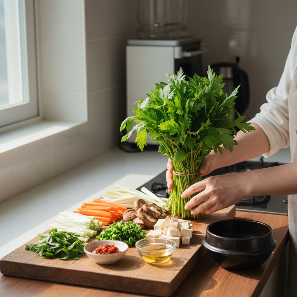 손질된 쑥과 채소 재료가 나란히 준비된 사진