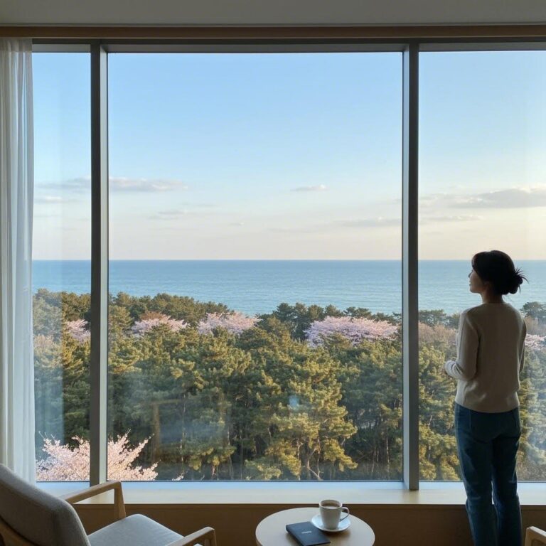 강릉 신라모노그램 레지던스 객실에서 바라본 숲과 동해 바다의 봄 풍경