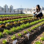 봄철 텃밭에 싹을 틔운 다양한 쌈채소 모종이 줄지어 심겨져 있는 모습