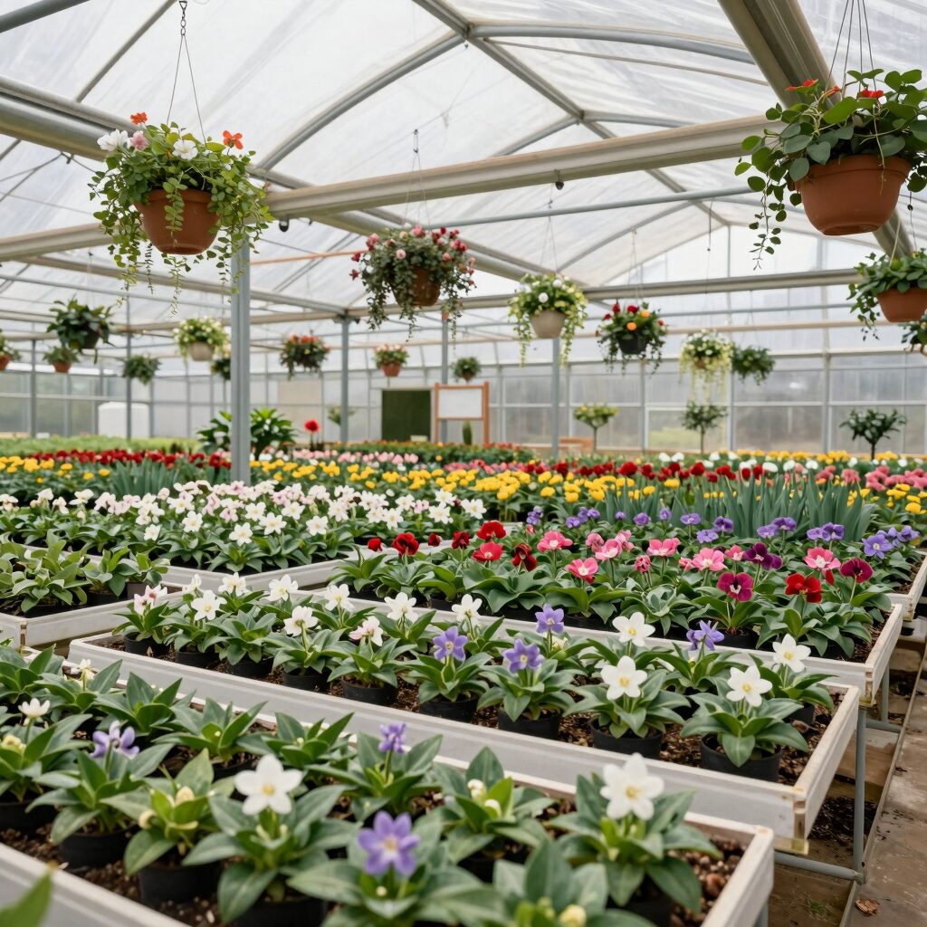 용인 남사화훼단지 내부 다양한 봄꽃과 관엽식물이 가득한 비닐하우스 모습