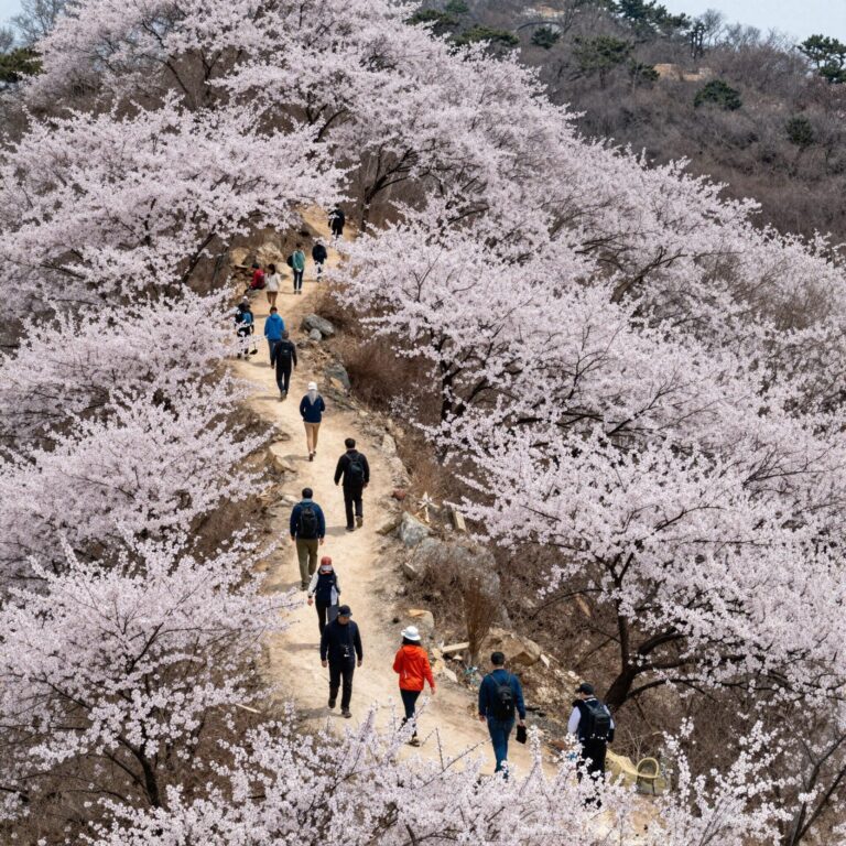 봄꽃이 만개한 산등성이와 등산객들이 길을 걷는 풍경
