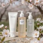 봄철 피부 관리에 필수적인 제품들인 선크림, 보습 세럼, 진정 토너, 바디로션이 화분과 함께 담긴 화사한 이미지