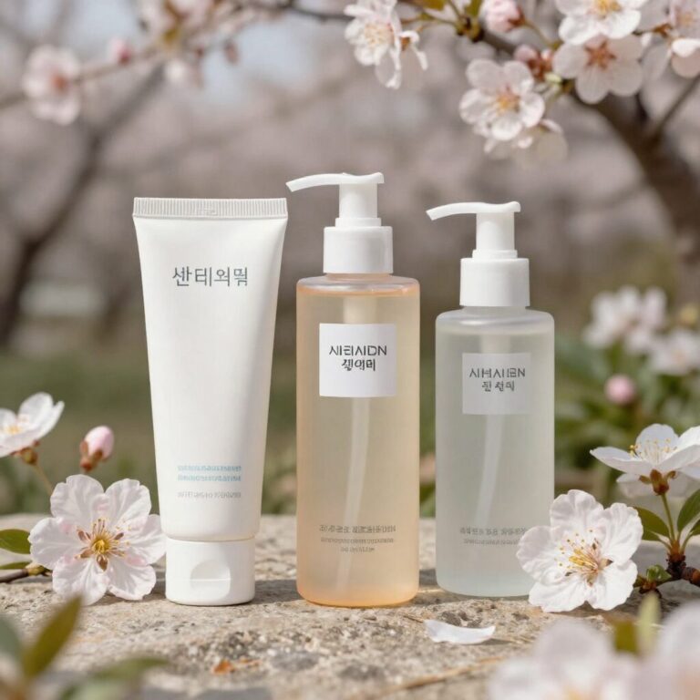 봄철 피부 관리에 필수적인 제품들인 선크림, 보습 세럼, 진정 토너, 바디로션이 화분과 함께 담긴 화사한 이미지