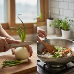 양파싹 활용법과 양파 오래 보관하는 방법 싹이 난 양파를 칼로 싹 부분을 제거하는 모습과 싹을 썰어 요리하는 과정