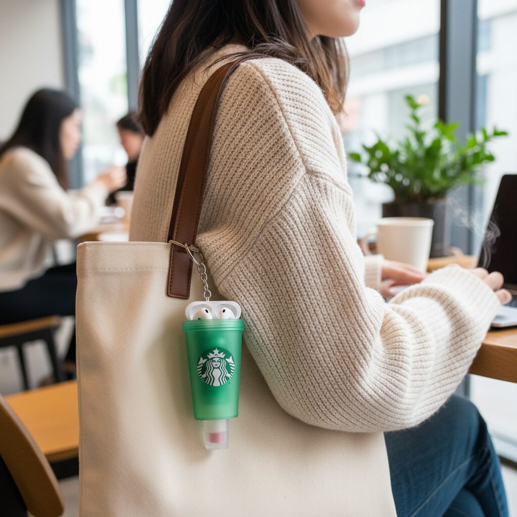 스타벅스 미니 텀블러 키링에 립밤과 이어폰이 수납된 모습